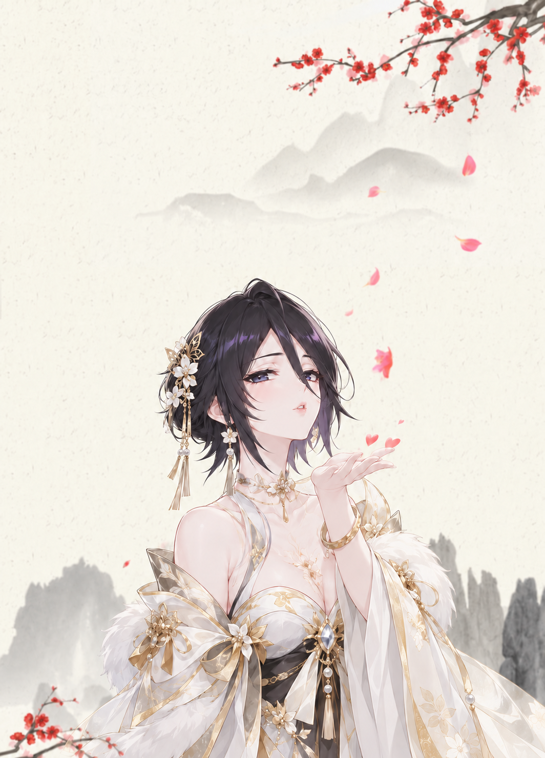 Elegant illustrated character with gold ornaments and red blossoms